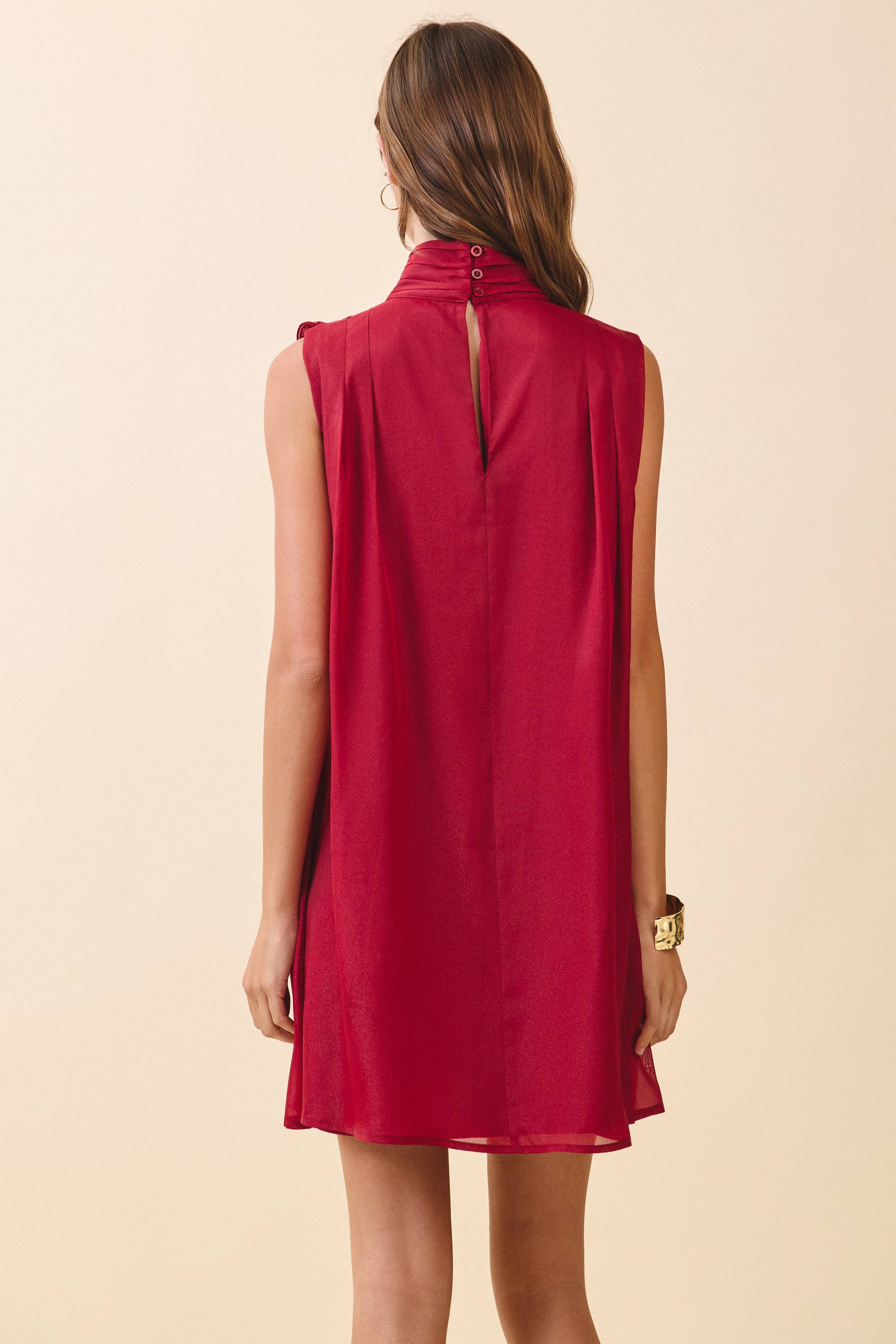 Red Sleeveless Mock Neck Ruffle Dress