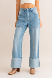 High Waisted Wide Leg Cuff Jeans