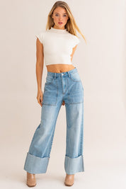 High Waisted Wide Leg Cuff Jeans