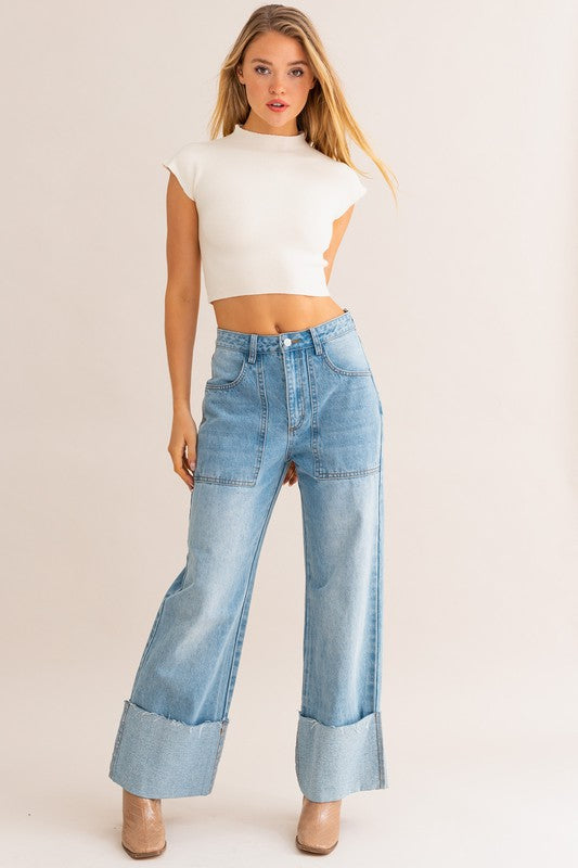 High Waisted Wide Leg Cuff Jeans