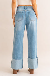 High Waisted Wide Leg Cuff Jeans