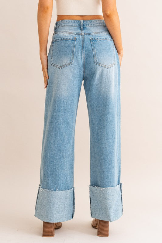 High Waisted Wide Leg Cuff Jeans