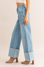 High Waisted Wide Leg Cuff Jeans