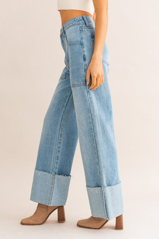 High Waisted Wide Leg Cuff Jeans