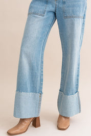 High Waisted Wide Leg Cuff Jeans