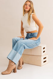 High Waisted Wide Leg Cuff Jeans