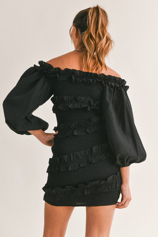 Black Ruffle Off-Shoulder Dress - RTS