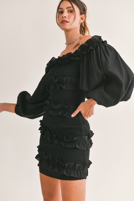 Black Ruffle Off-Shoulder Dress - RTS