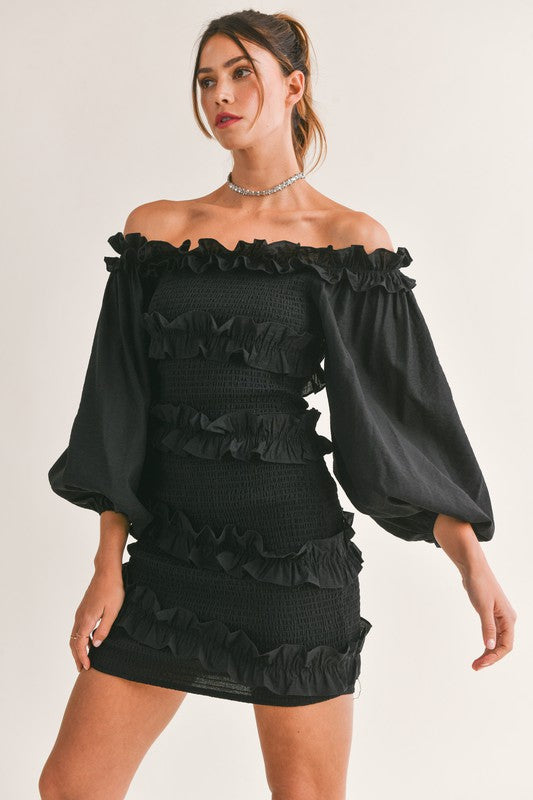 Black Ruffle Off-Shoulder Dress - RTS