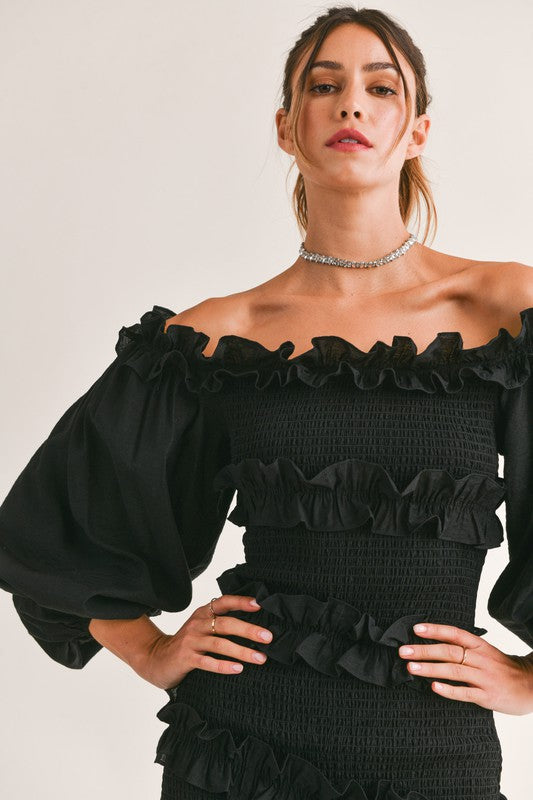 Black Ruffle Off-Shoulder Dress - RTS