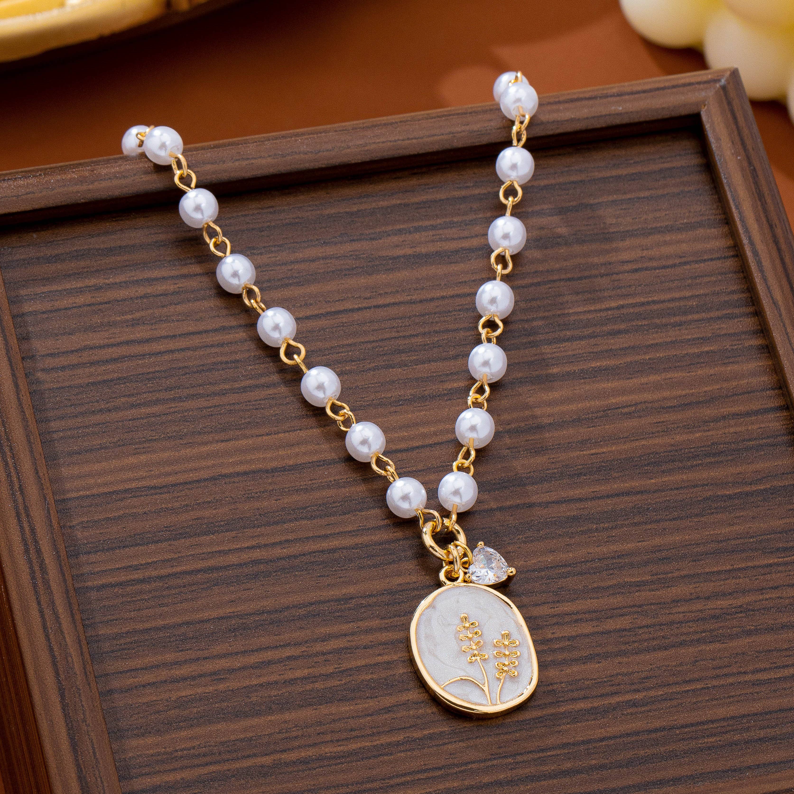 Gold Pearl Chain Floral Pendant Necklace