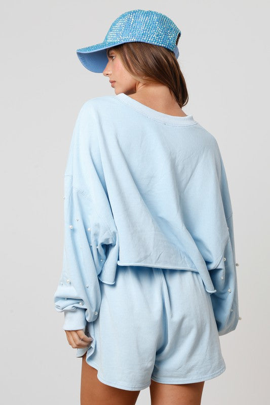 BLUE Cozy Pearl Studded Crop Sweatshirt