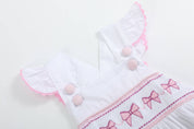 White and Pink Bows Smocked Ruffle Romper