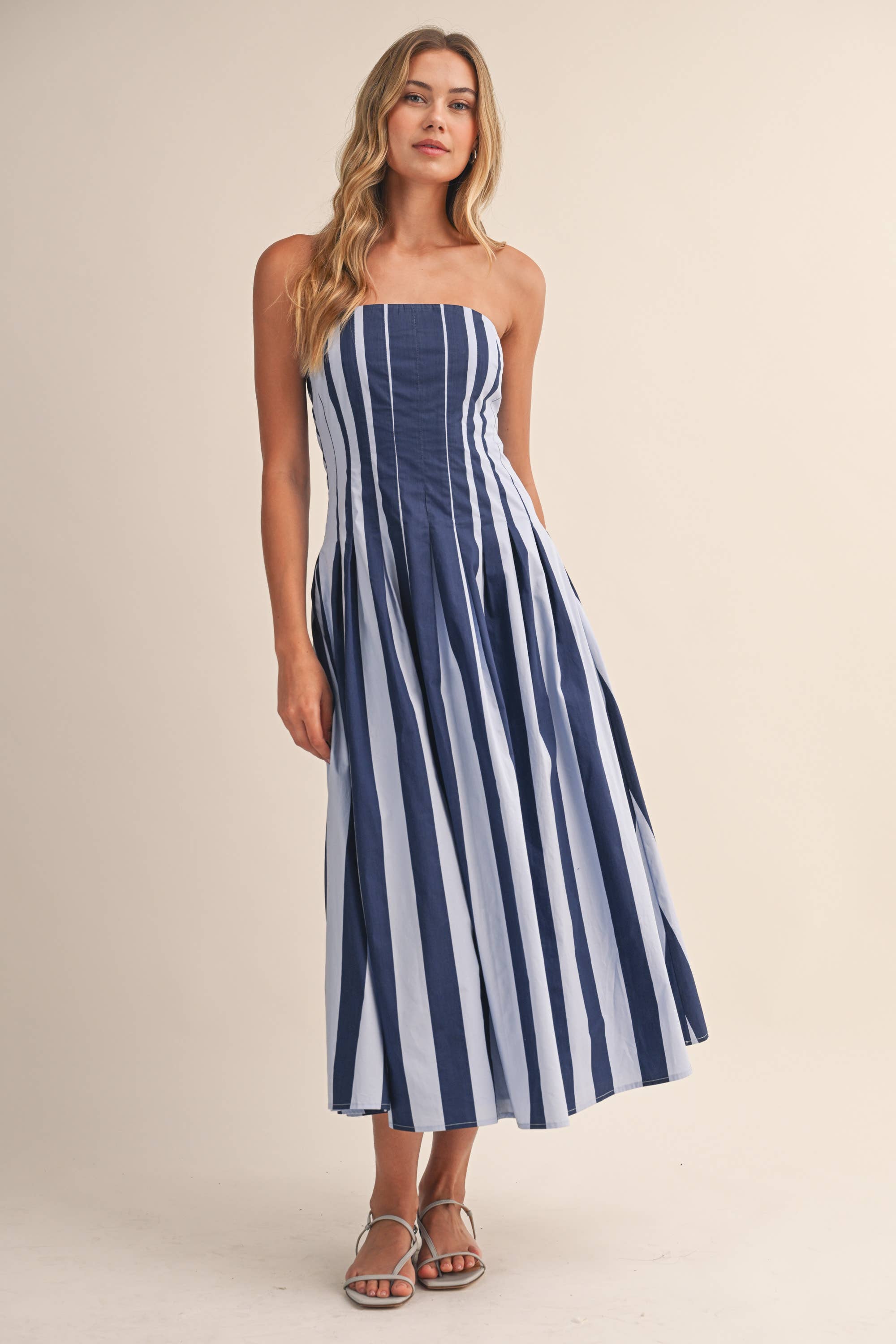 Blue Strapless Striped Midi Dress
