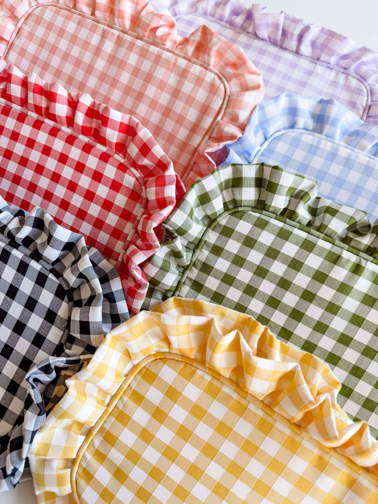 Green Gingham Frilly Makeup Bag showing measurements: approximately 10 x 5 x 2 inches