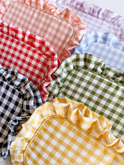 Green Gingham Frilly Makeup Bag showing measurements: approximately 10 x 5 x 2 inches