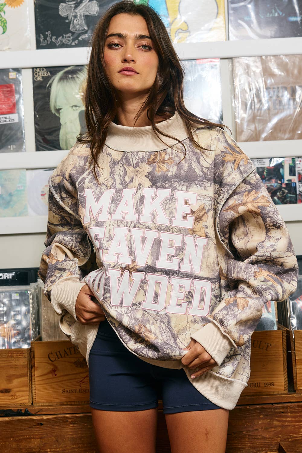 Camo Make Heaven Crowded Mockneck showing ribbed collar