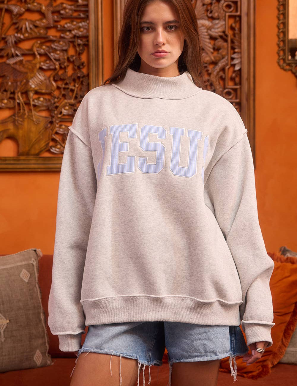 Gray Striped Jesus Patch Sweatshirt