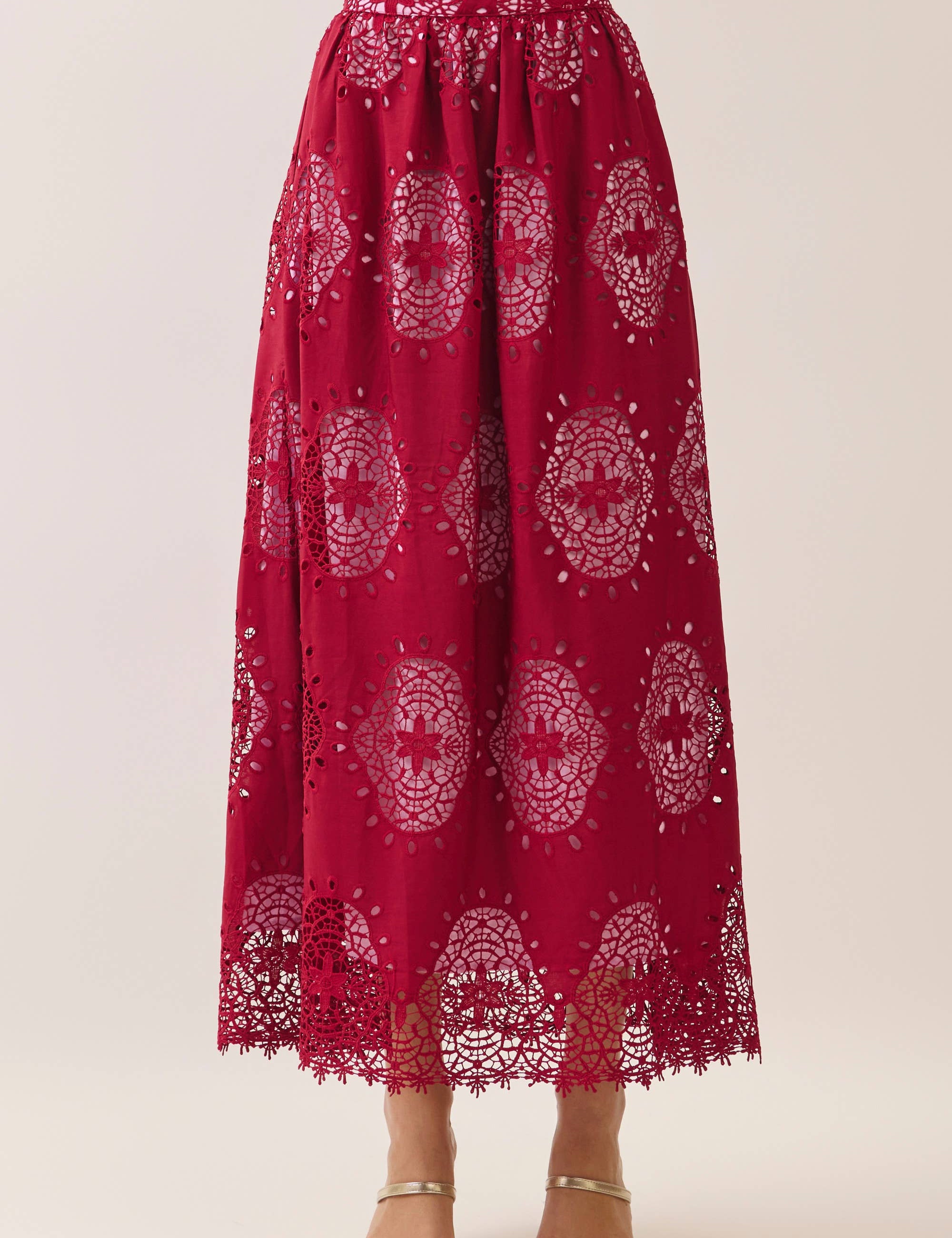 Burgundy Eyelet Scalloped Maxi Skirt