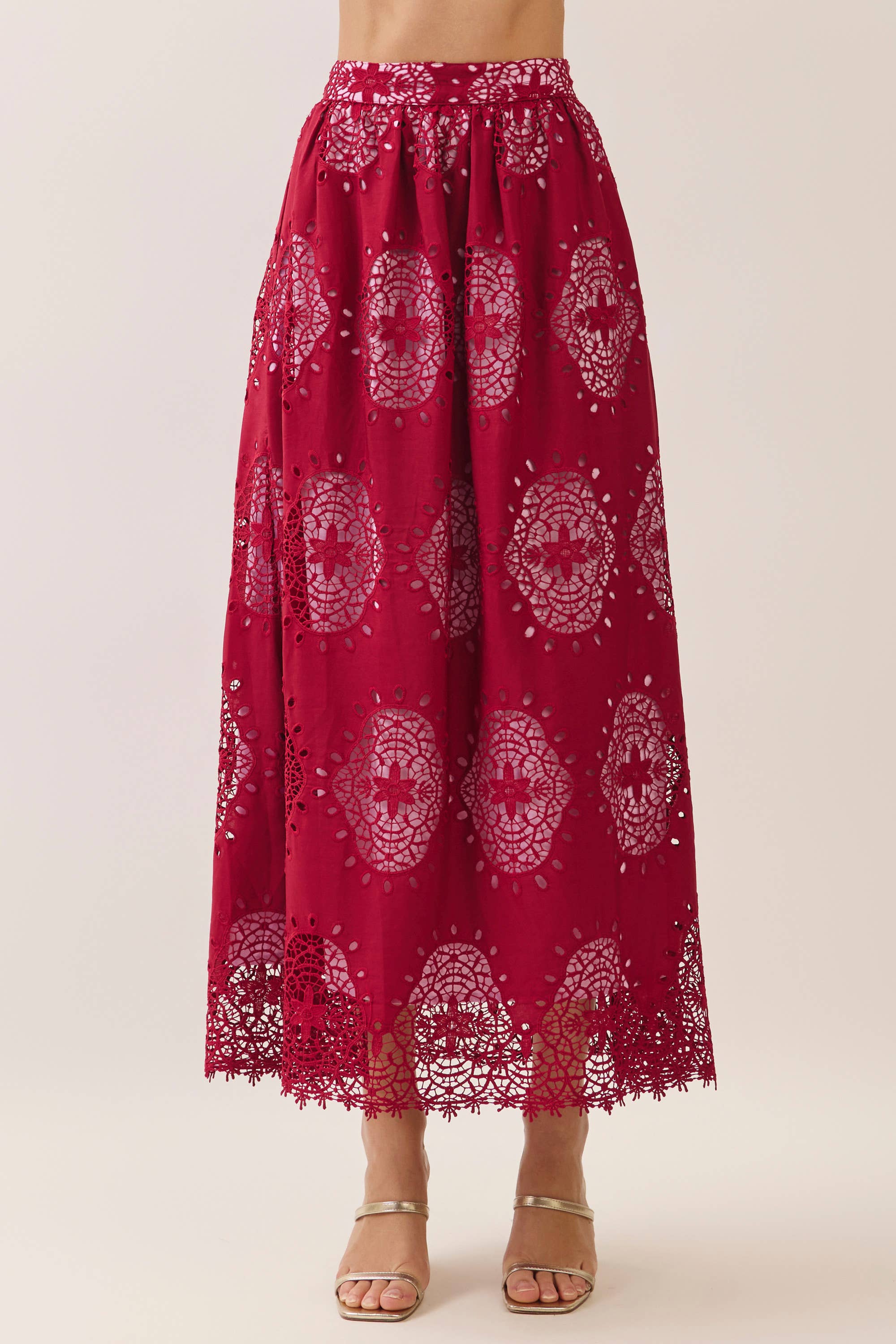 Burgundy Eyelet Scalloped Maxi Skirt
