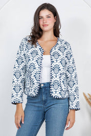 Blue & White Floral Print Quilted Jacket