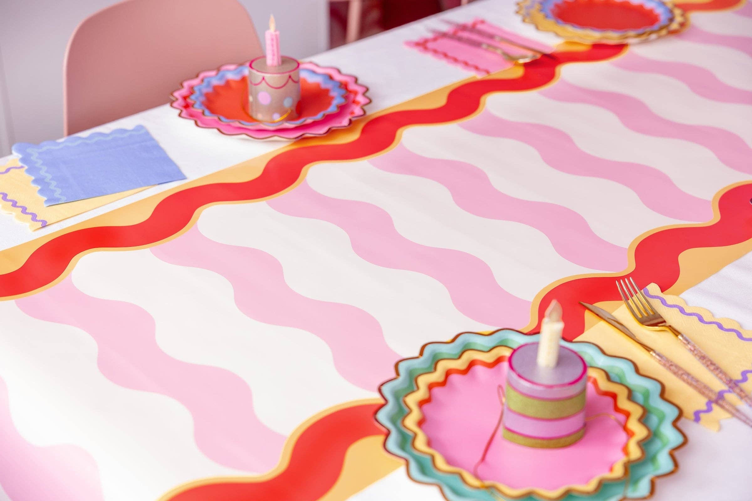 Groovy Waves Paper Table Runner (25 foot, cut to fit) showing designed on a convenient roll