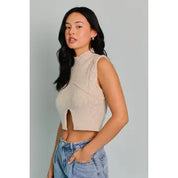 Oatmeal Mock Neck Cutout Crop Sweater