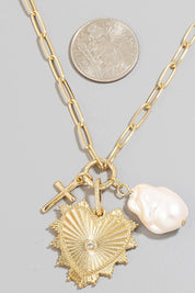 Single Stud Hear And Pearl Charm Chain Necklace