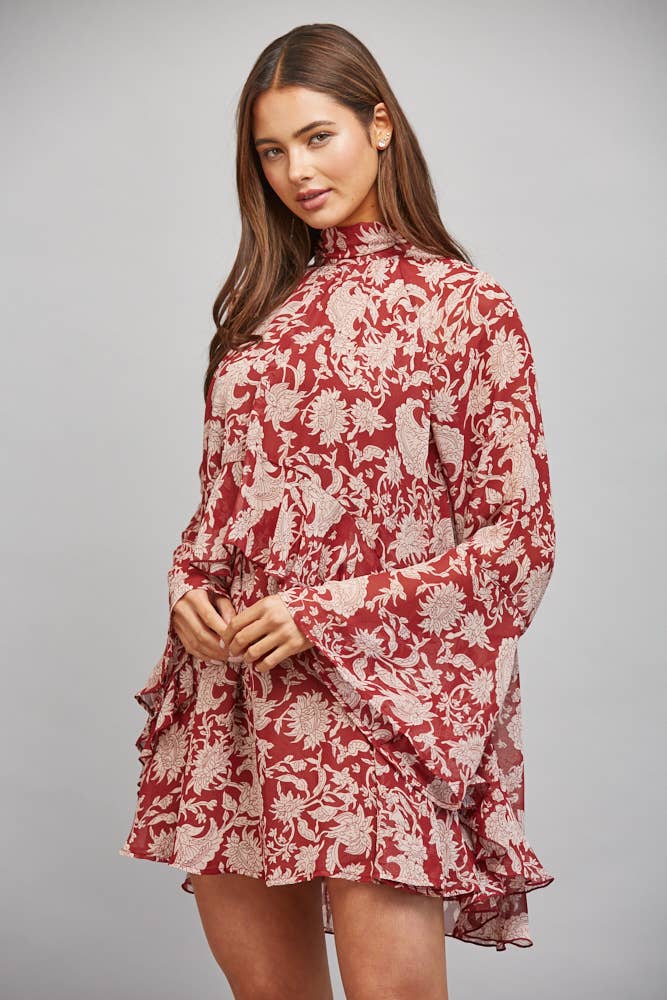 Red Floral Neck Tie Mini Dress