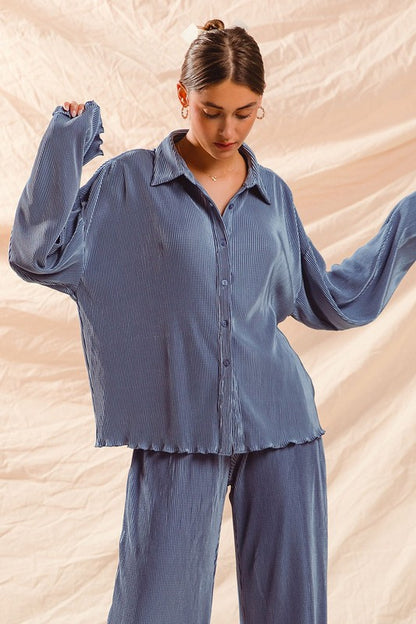 Blue Pleated Top & Pants Set