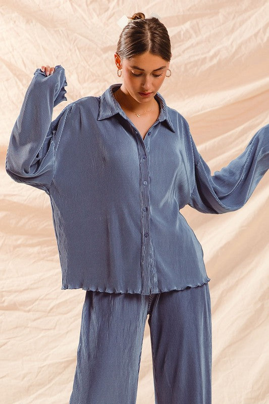 Blue Pleated Top & Pants Set