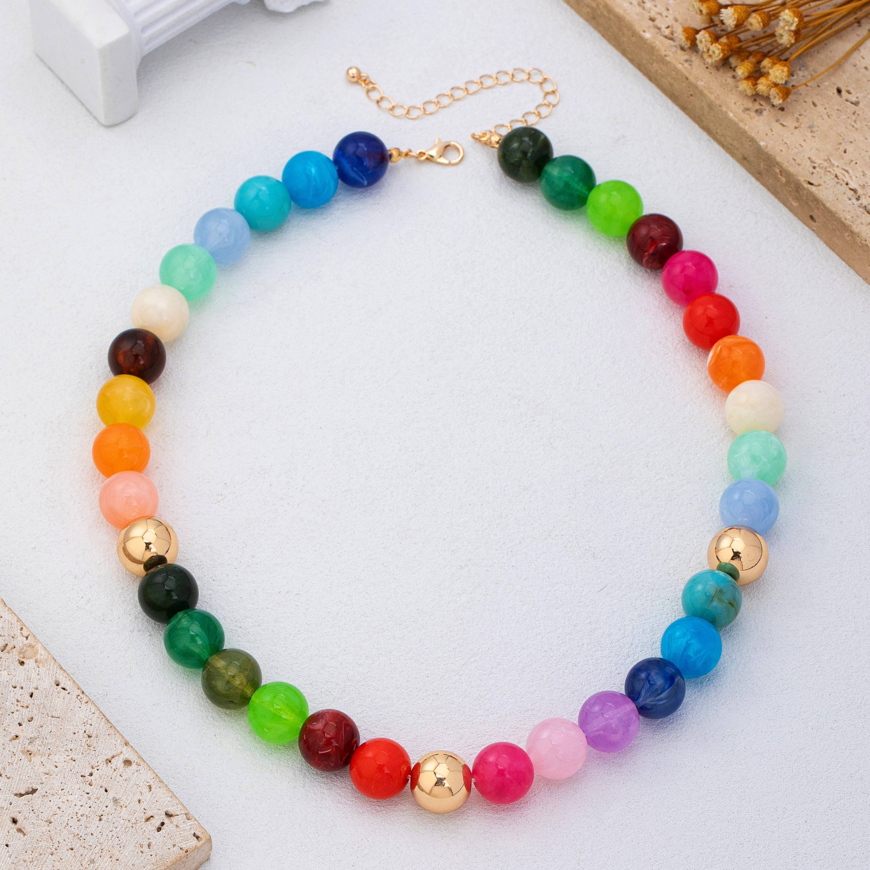 Multicolor Rainbow Marbled Bead Necklace
