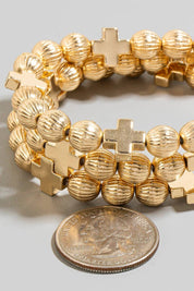 Textured Beads And Cross Charms Bracelet Set