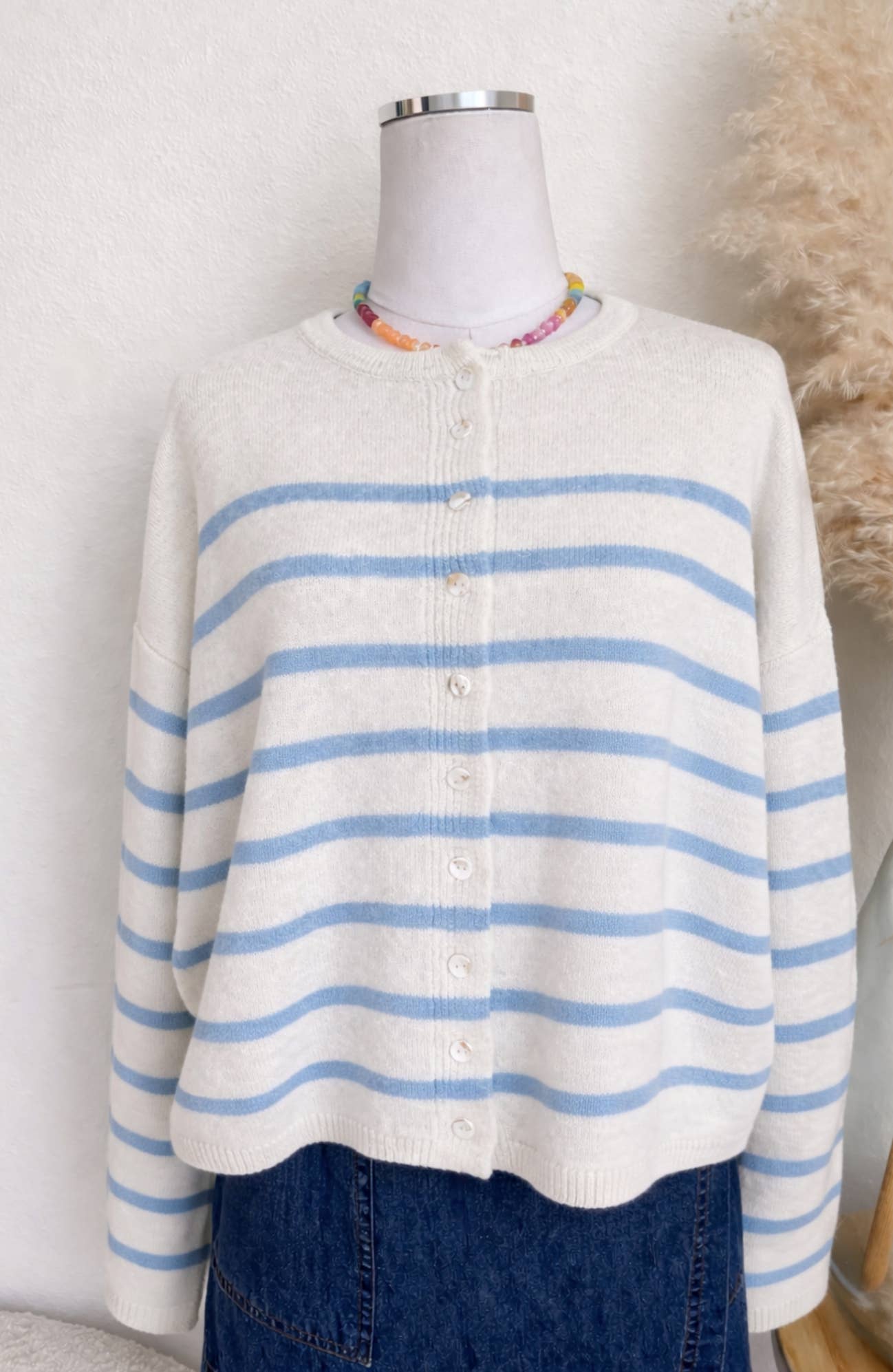 White & Blue Striped Oversized Cardigan