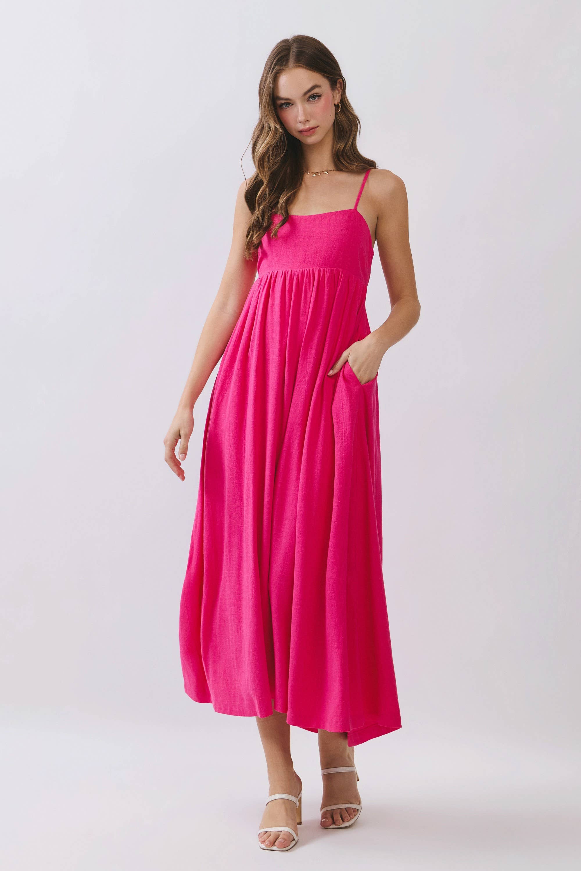 Pink Open Back Tie Strap Maxi Dress
