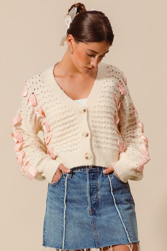 Cream and Pink Ribbon Cardigan