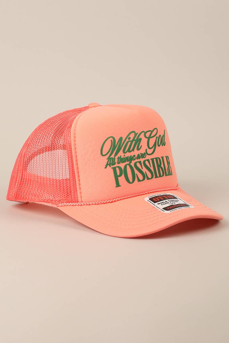 With God All Possible Trucker Hat/ Neon Pink