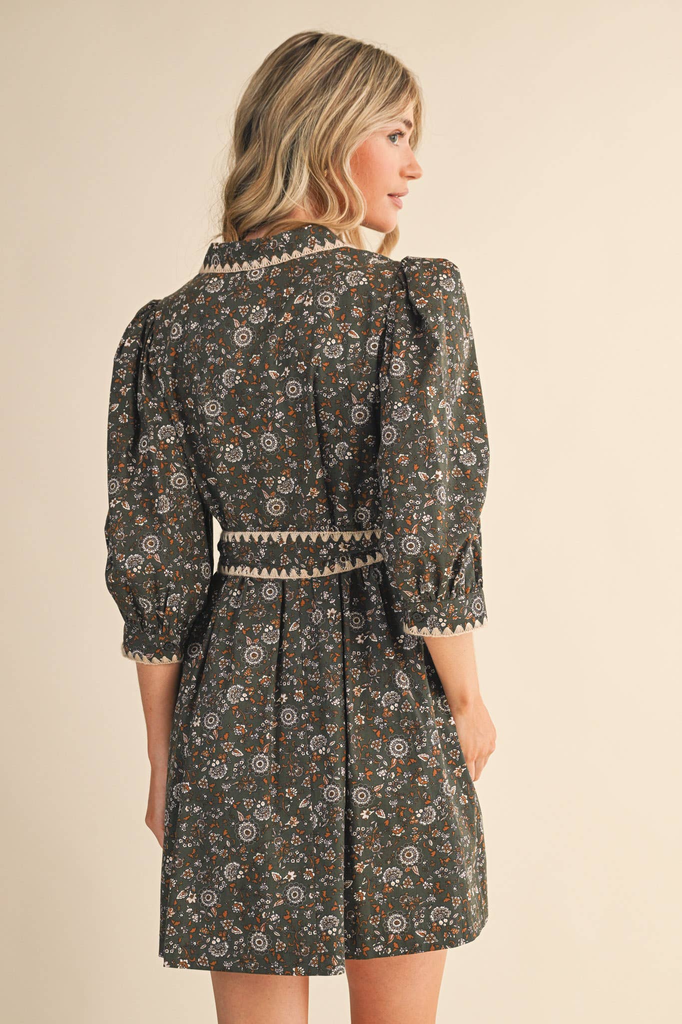 Olive Puff Sleeve Floral Mini Dress