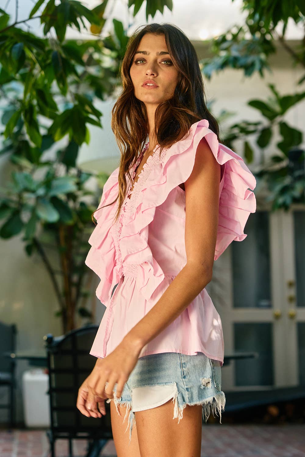 Pink Ruffle Smocked Peplum Blouse