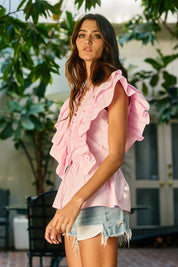 Pink Ruffle Smocked Peplum Blouse