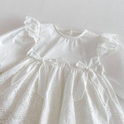 White Lace Baby Romper Dress with Bow Detail