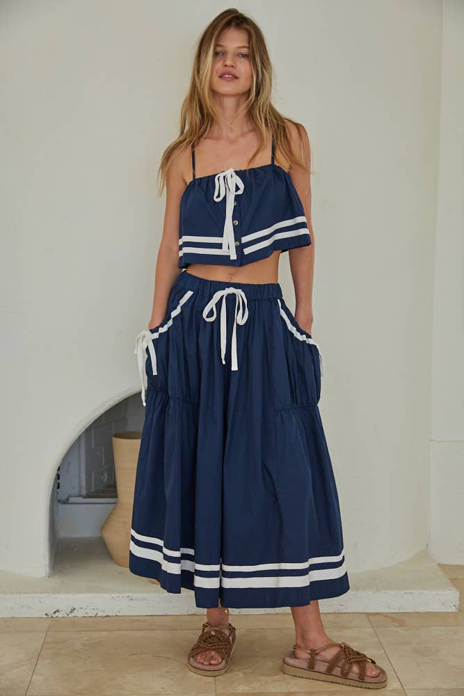 Navy Front Tie Button Down Flare Midi Skirt