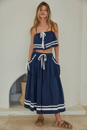 Navy Front Tie Button Down Flare Midi Skirt