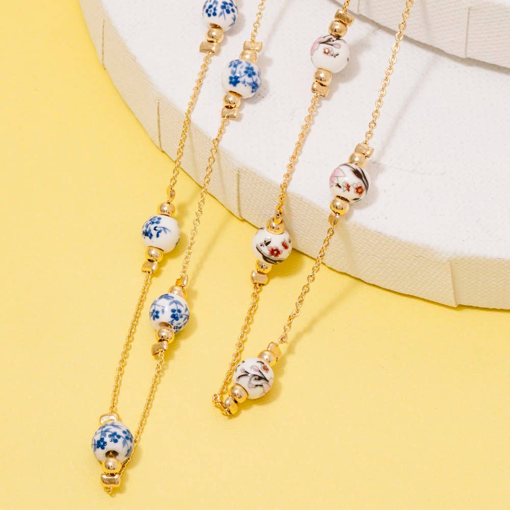 Floral Ceramic Station Beads Chain Necklace