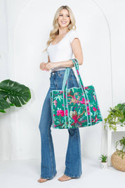 Green Bird Quilted Tote Bag