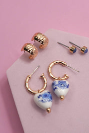 BLUE CERAMIC PORCELAIN TRIO HUGGIE HOOP EARRINGS