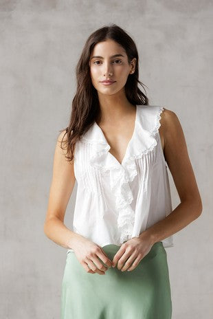 White Ruffle Front Top