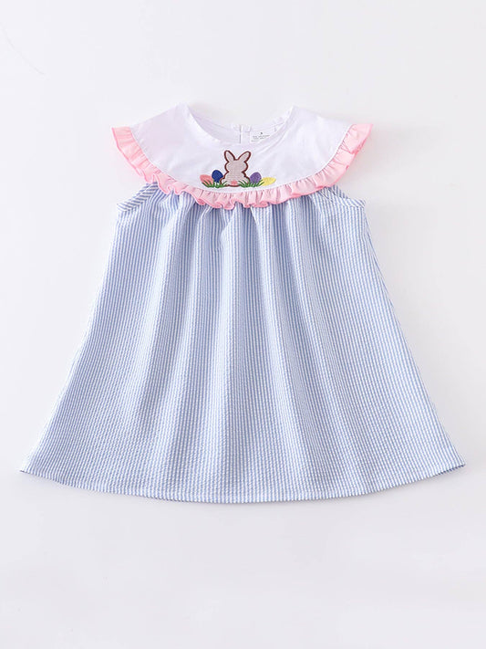 Blue Stripe Rabbit Applique Girls