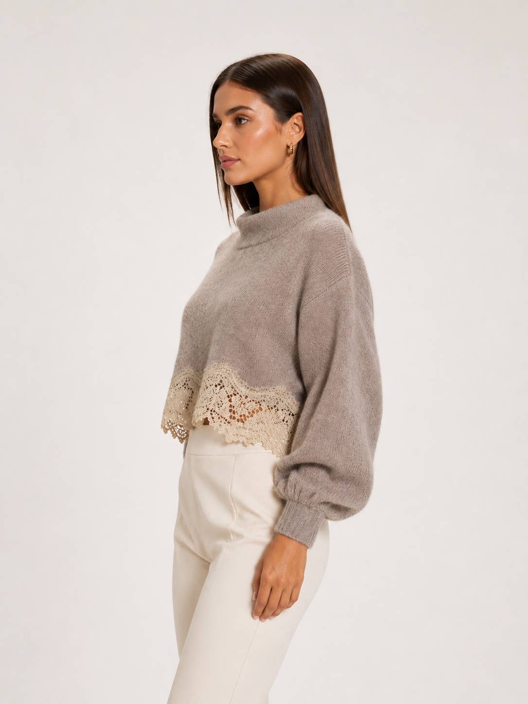 Beige Crop Lace Hem Sweater showing cropped