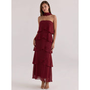 Maroon Strapless Tiered Midi Dress — strapless neckline and matching long neck scarf that ties at the throat